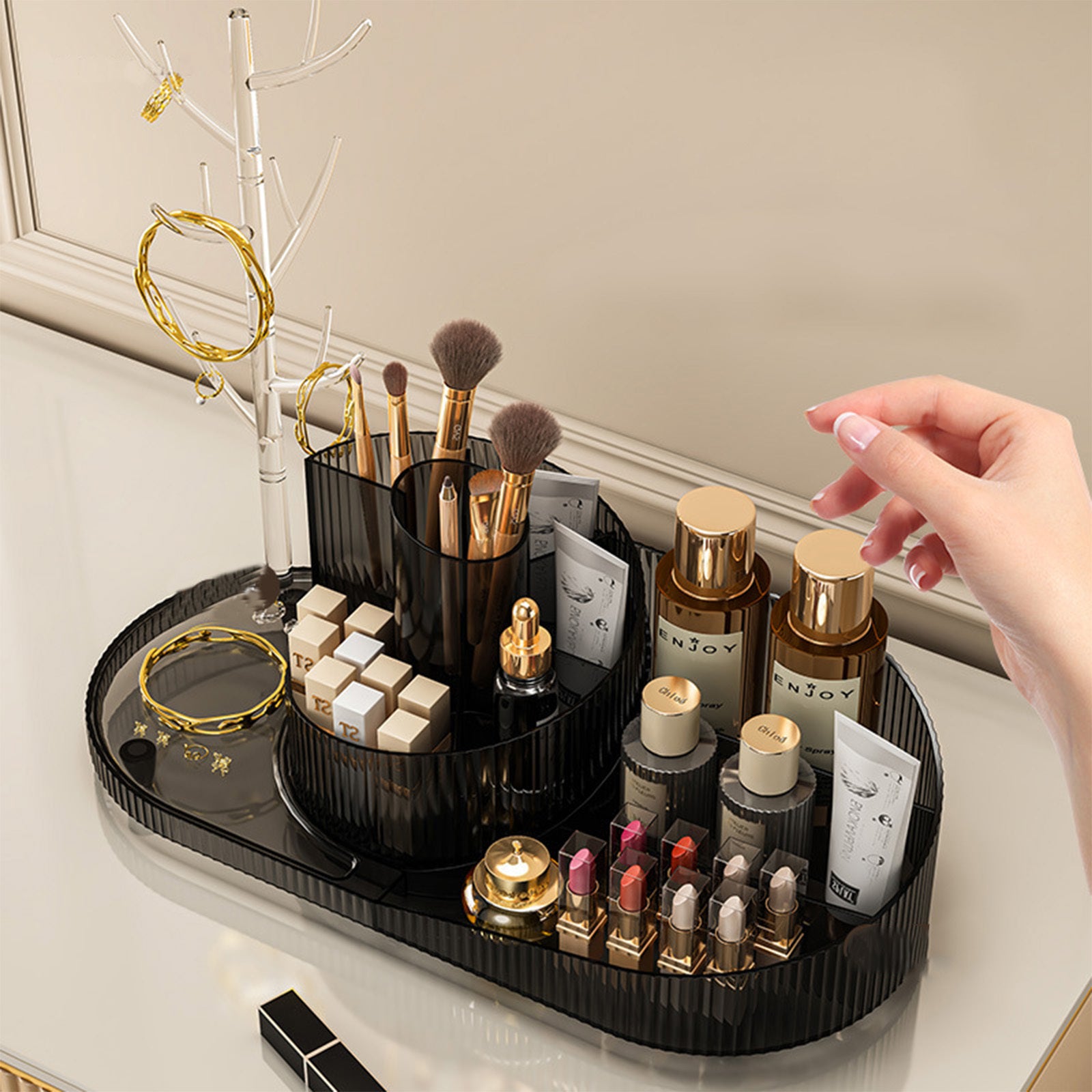 360° Rotating Makeup Organizer with Jewelry Drawer – Cosmetic Storage for Vanity & Bathroom