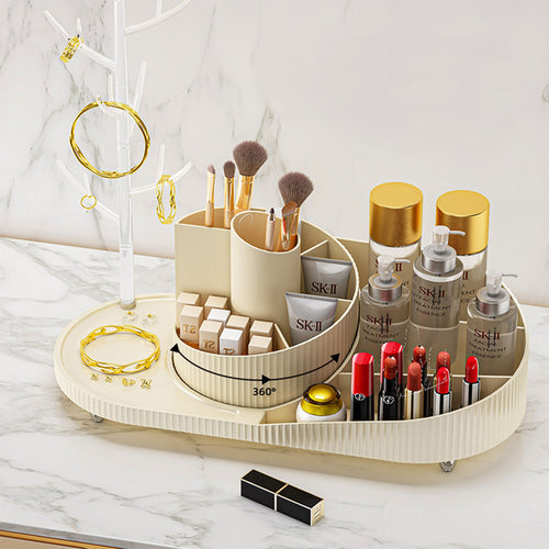 360° Rotating Makeup Organizer with Jewelry Drawer – Cosmetic Storage for Vanity & Bathroom