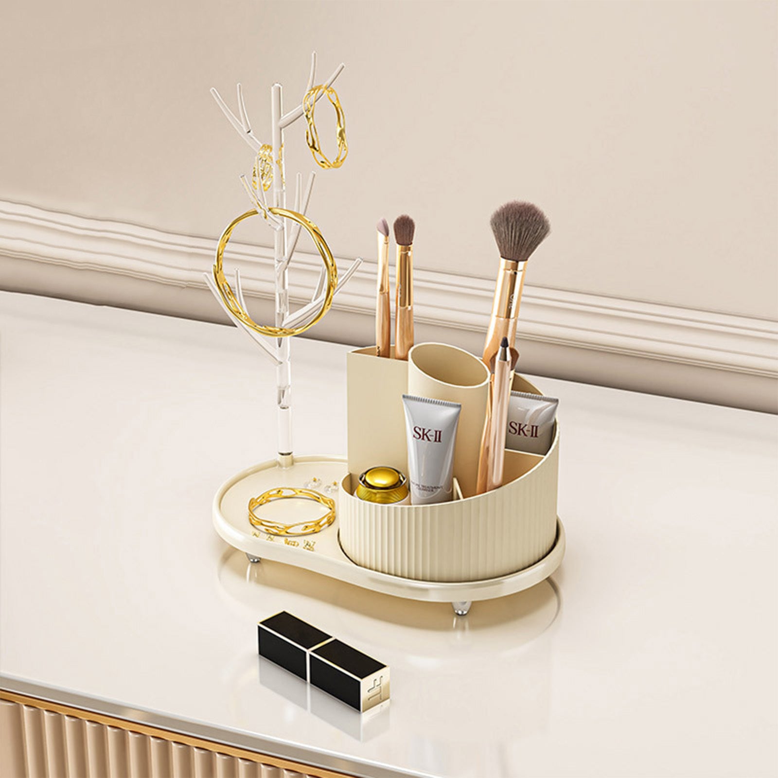360° Rotating Makeup Organizer with Jewelry Drawer – Cosmetic Storage for Vanity & Bathroom
