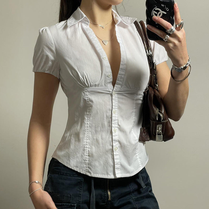 Simple Waist Fitted Puff Sleeve Polo Shirt