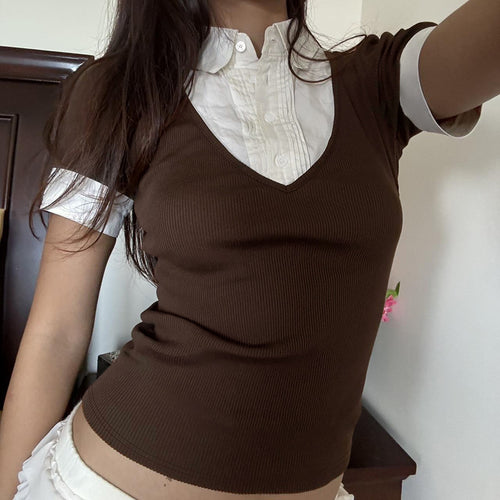 American Retro Polo Collar Stitching  Short Sleeve T-shirt