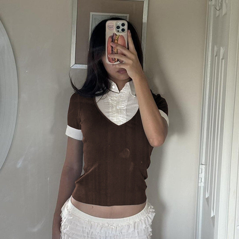 American Retro Polo Collar Stitching  Short Sleeve T-shirt