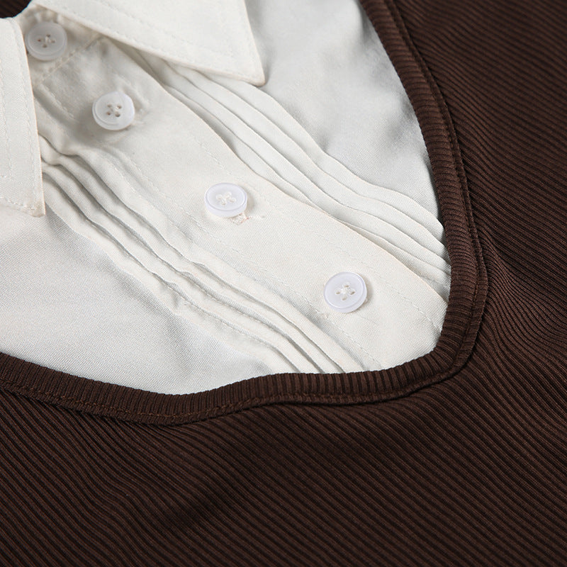 American Retro Polo Collar Stitching  Short Sleeve T-shirt