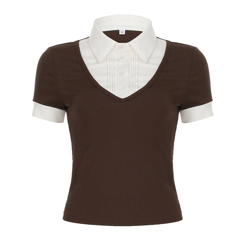 American Retro Polo Collar Stitching  Short Sleeve T-shirt