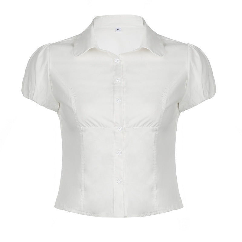 Simple Waist Fitted Puff Sleeve Polo Shirt