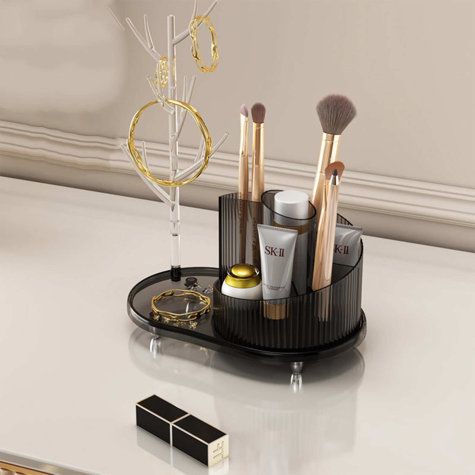360° Rotating Makeup Organizer with Jewelry Drawer – Cosmetic Storage for Vanity & Bathroom